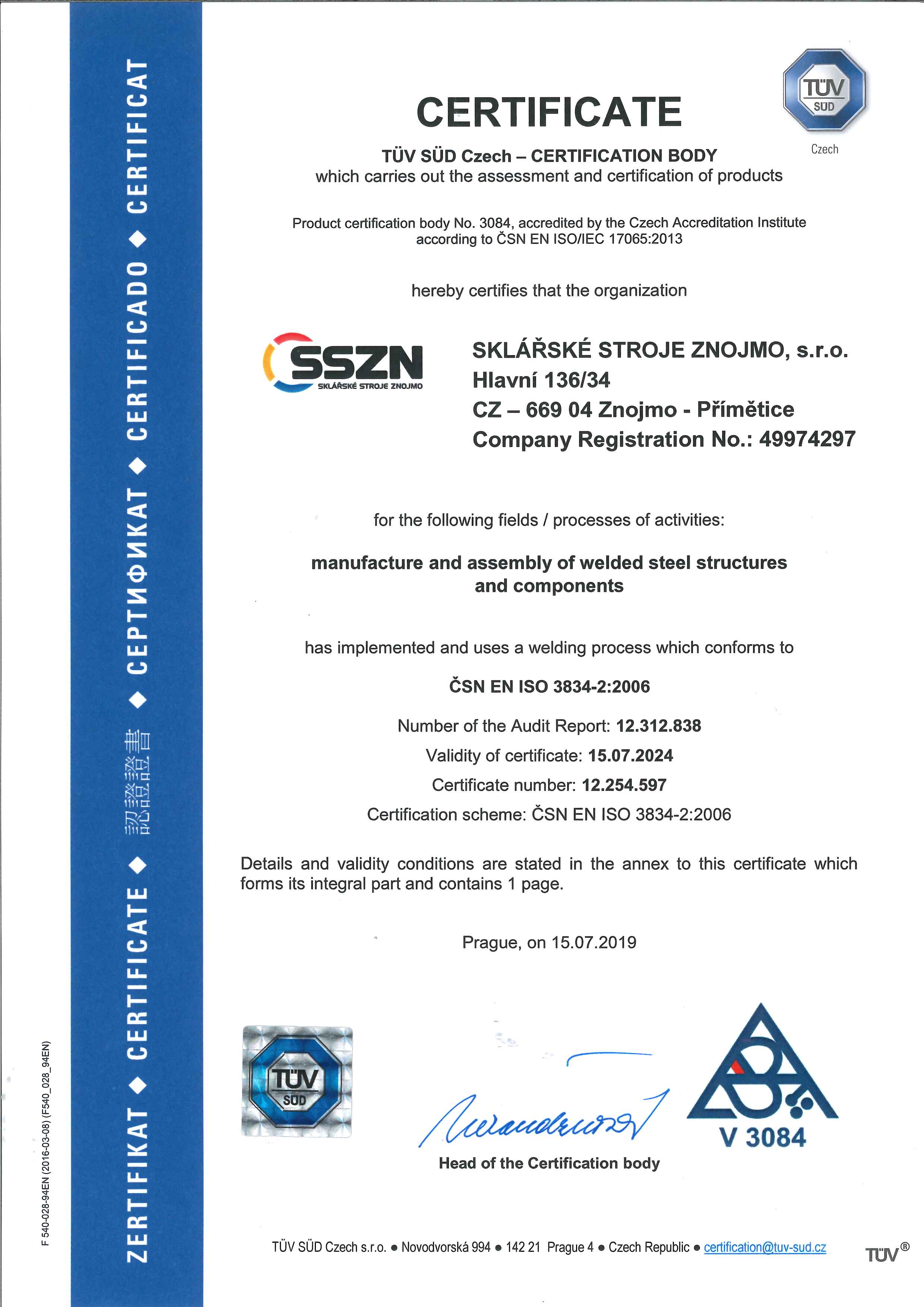 2019 Certifikát ISO 3834 2 Aj str1